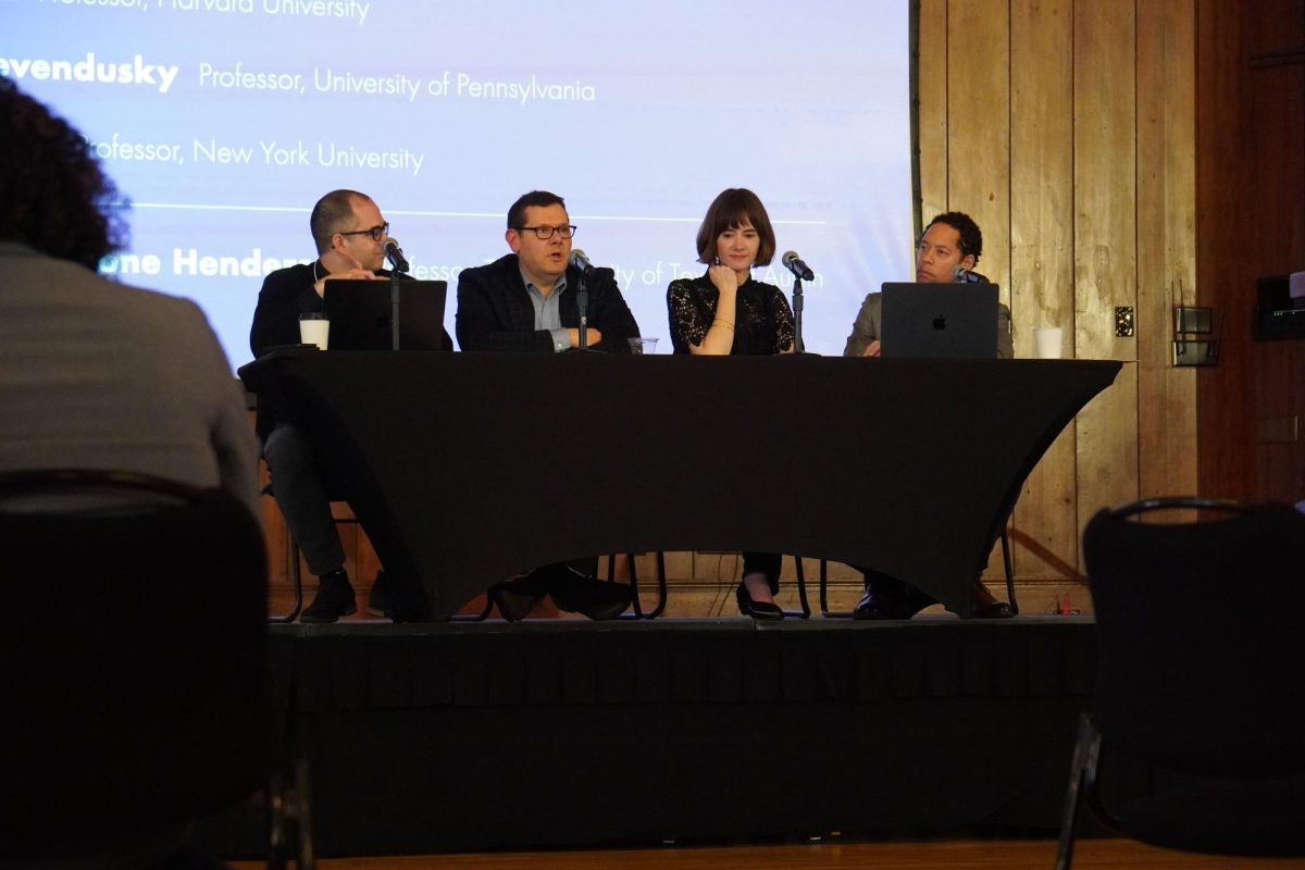 From left to right, professors Jay Van Bavel, Matthew Levendusky, and Mina Cikara hold a discussion on disagreements moderated by professor Marlone Henderson at the Discourse in Action, Theory, and Democracy event on Mar. 7, 2025. The speakers mention how opposing sides of a disagreement tend to stereotype each other, and how people in reality are usually not as extreme.
