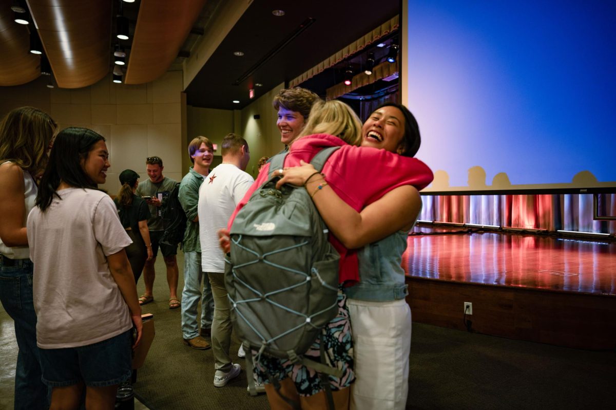 Newly elected Student Government President Hudson Thomas and Vice President Thierry Chu celebrate with their peers in the William C Powers auditorium upon hearing the announcement of the student government election results on
March 10, 2025.