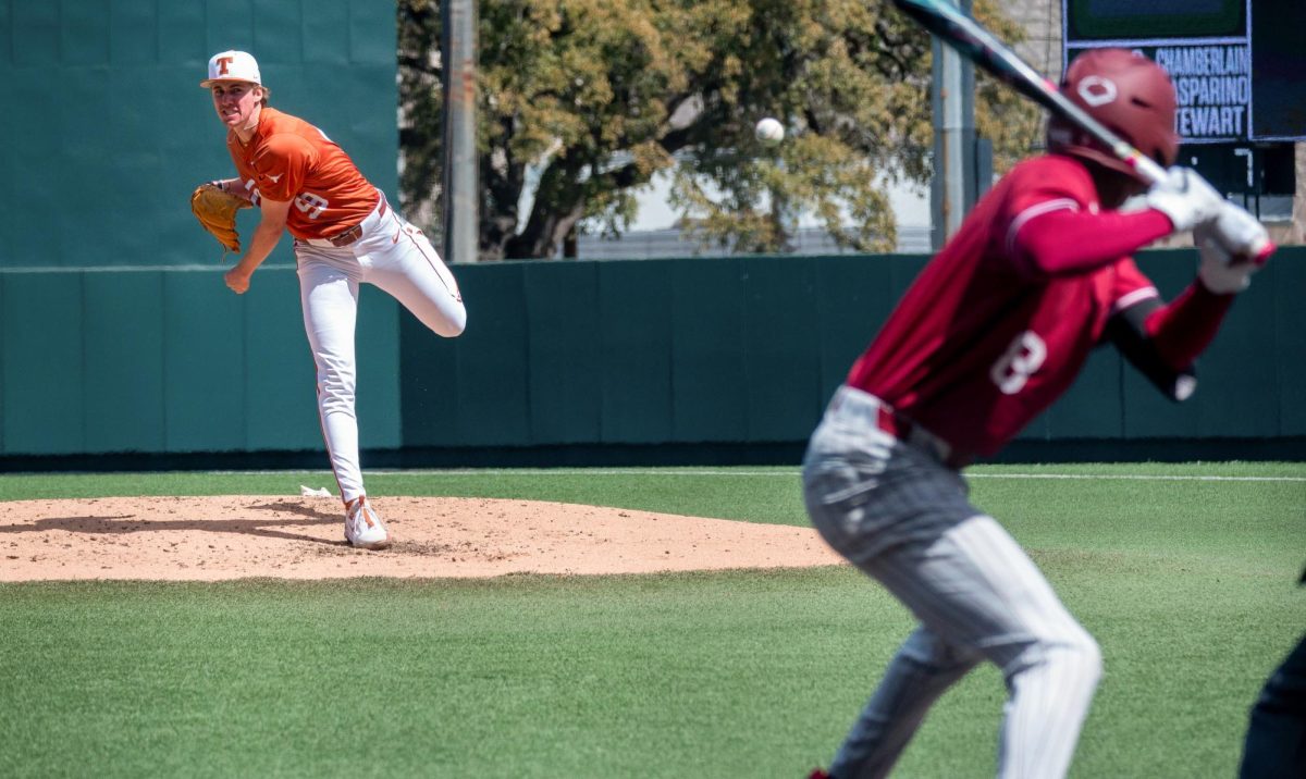 Freshman starting pitcher Dylan Volantis fires a pitch to home plate during a game against Santa Clara University at UFCU Disch-Falk Field on March 9, 2025. Volantis exited the game in the fifth inning allowing one run and striking out three batters. 