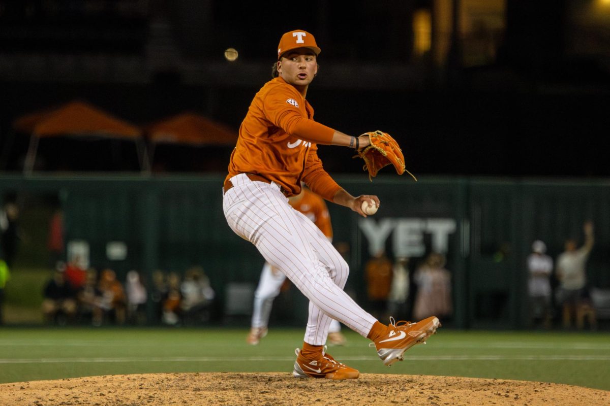 Freshman Bryce Navarre pitches the ball during the game against UT Arlington on March 11, 2025. The Longhorns beat UTA 7-4.