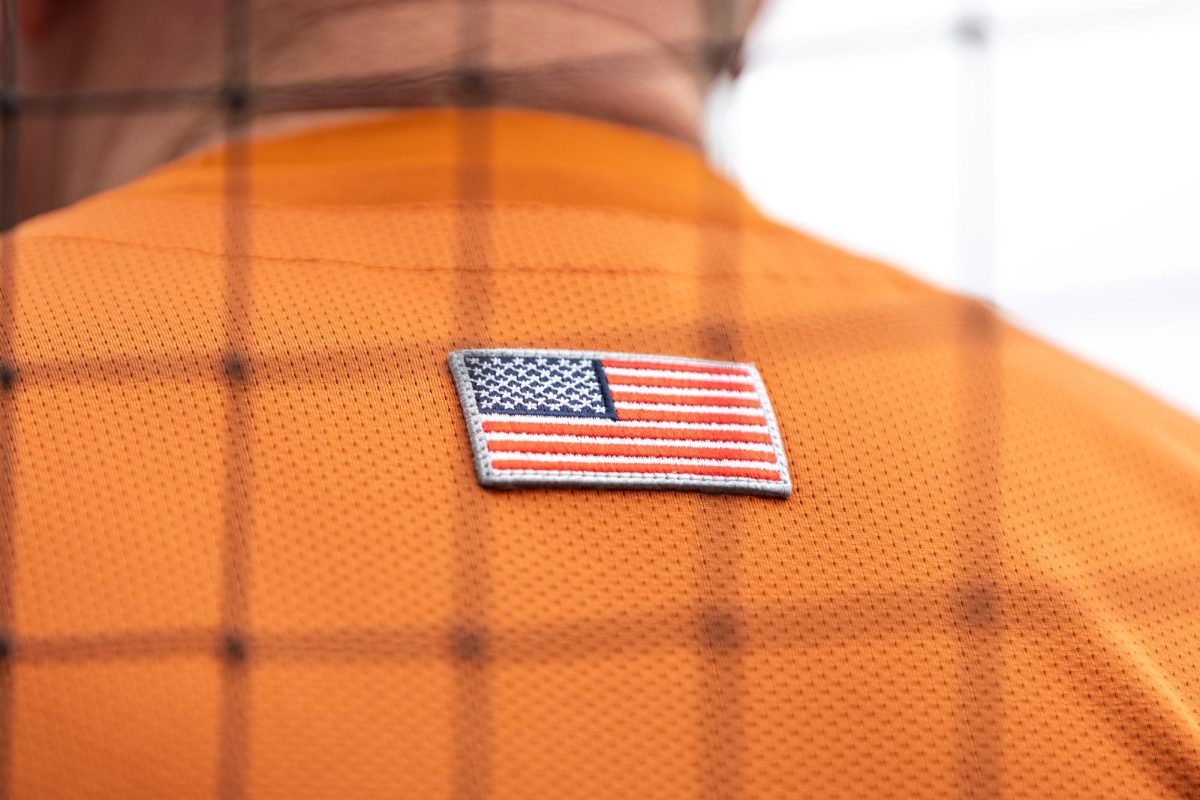 An American flag patch on a Texas baseball jersey on April 27, 2025. 
