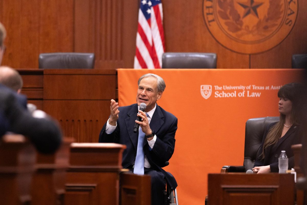 Gov. Greg Abbott speaks at the Federalist Society Fireside Chat in the Eidman Courtroom on April 3, 2025.