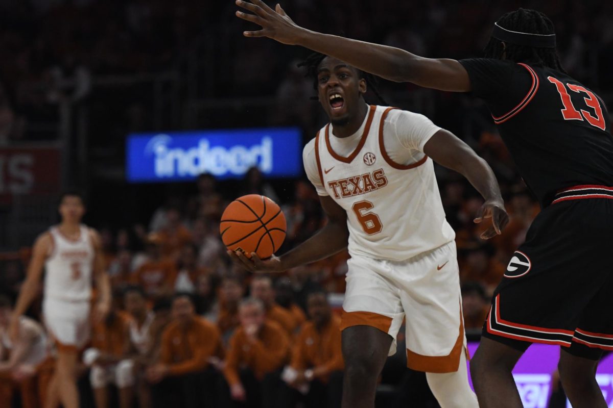 Senior guard Arthur Kaluma yells at a teammate during Texas' game against Georgia on March 1, 2025.