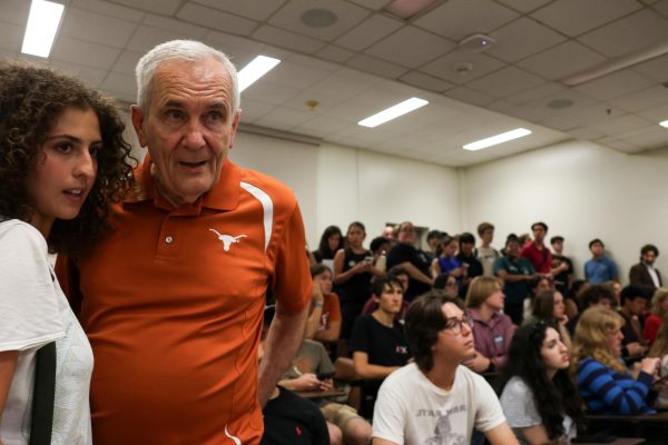 US Rep. Lloyd Doggett walking to the front of the classroom in Burdine Hall during the first University Democrats meeting of the fall semester on Aug. 27, 2025.