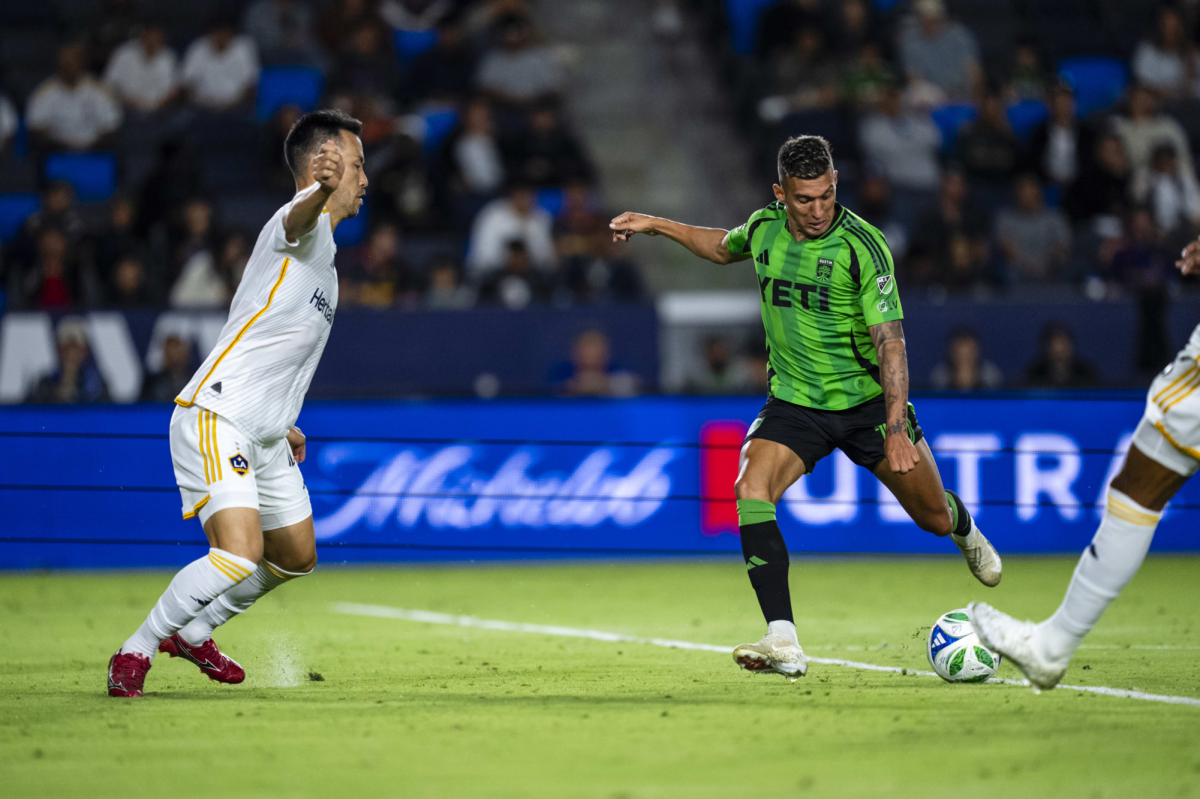 Austin FC midfielder Myrto Uzuni #10 shoots the ball and scores during first half of the match against LA Galaxy at Dignity Health Sports Park in Los Angeles , California, on Wednesday July 16, 2025.