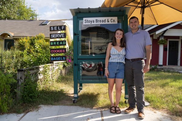 Students Sydney Stewart and Nicolas Montoya pose in front of the Bread Shed on Aug. 1, 2025. The shed sold out in under half an hour of opening that morning.