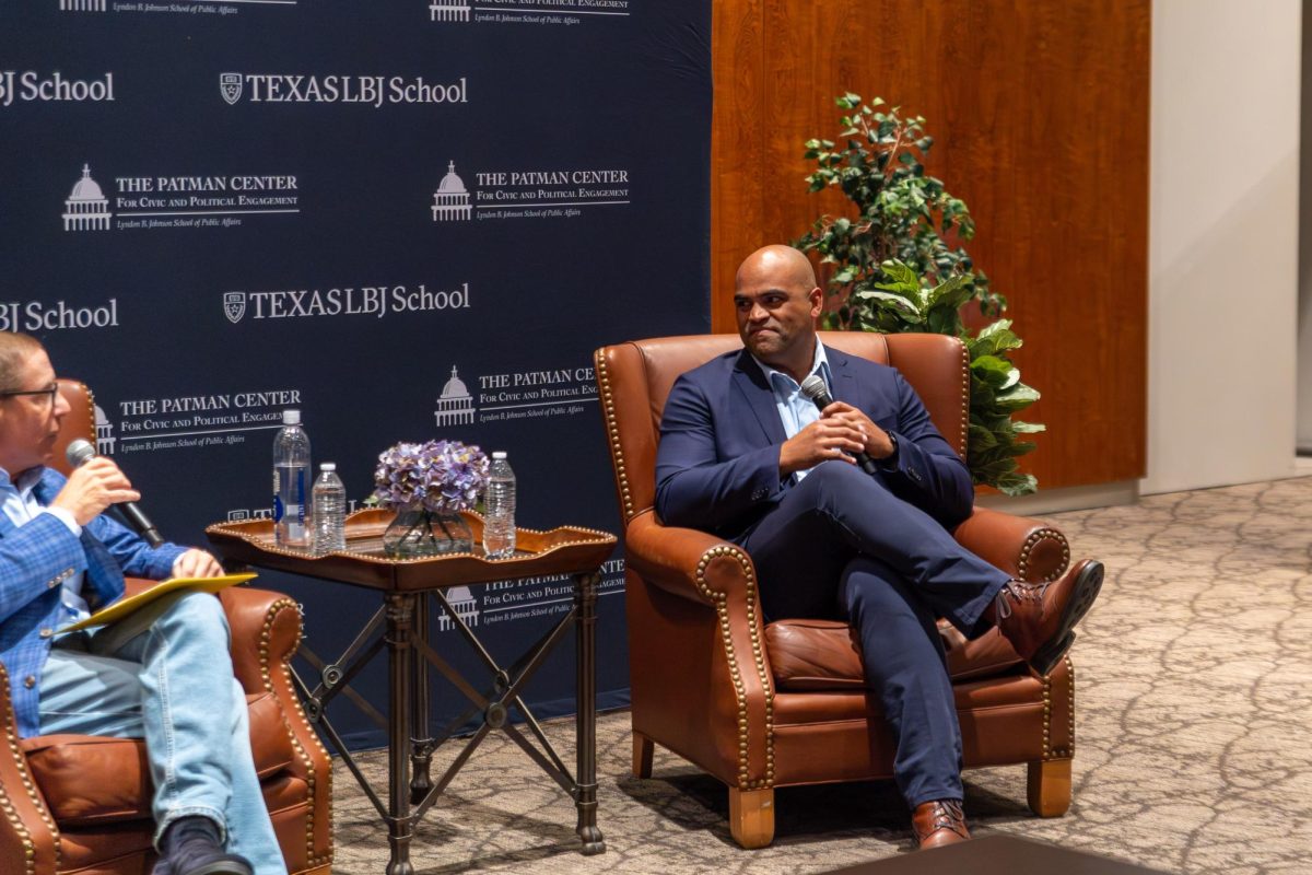 Former Rep. Colin Allred speaks inside the LBJ Auditorium on Aug. 25, 2025.