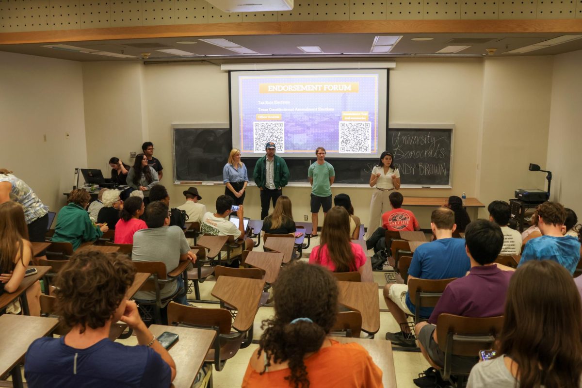 Austin city council members speak to University Democrats during meeting on Sept. 17, 2025.