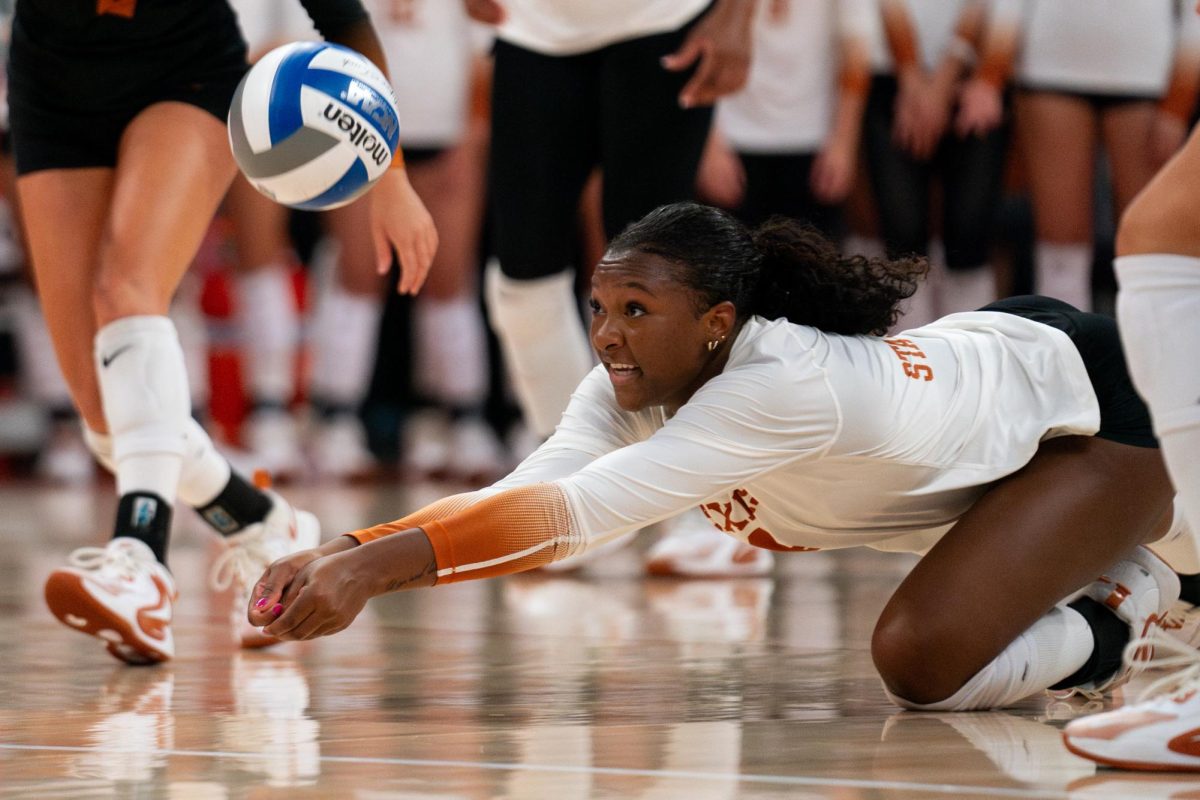 Junior Torrey Stafford digs the ball during Texas' game against Stanford in the Moody Center on Sept. 7, 2025. 