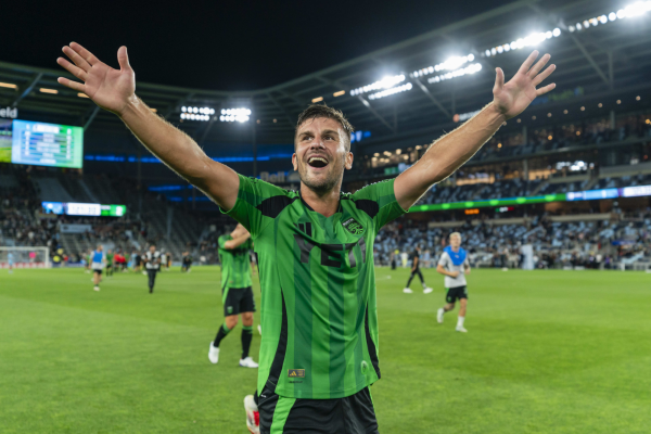 #21 Austin FC forward Diego Rubio reacts after the US Open Cup Semifnal match win against Minnesota United FC at Allianz Field in St. Paul, Minnesota, on Wednesday, Sept. 17, 2025.