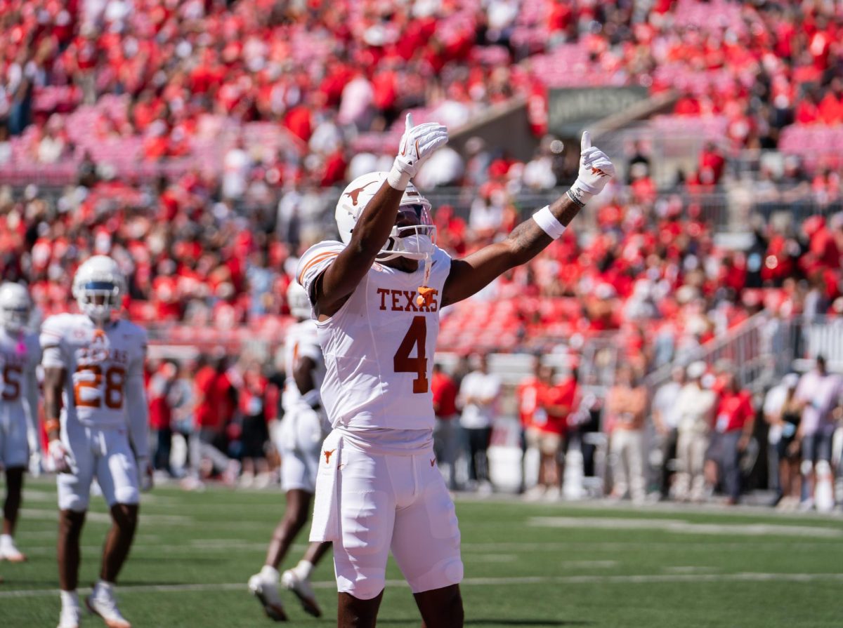 Junior Jelani McDonald addresses the Buckeye fans before the Longhorns' game against Ohio State on Aug. 30, 2025. 