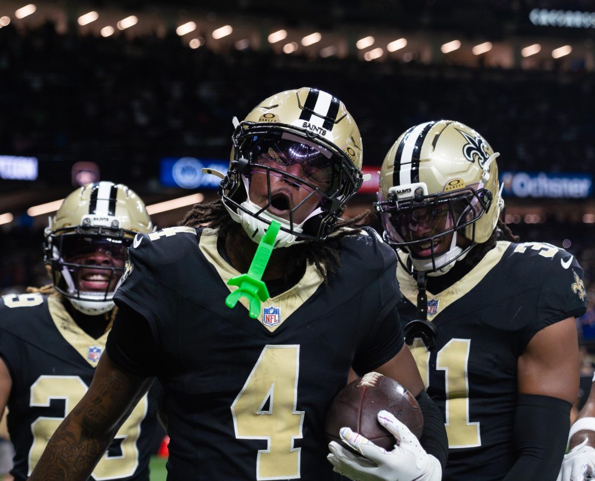 New Orleans Saints cornerback Kool-Aid McKinstry celebrates an interception against the New York Giants on Oct. 5, 2025. 