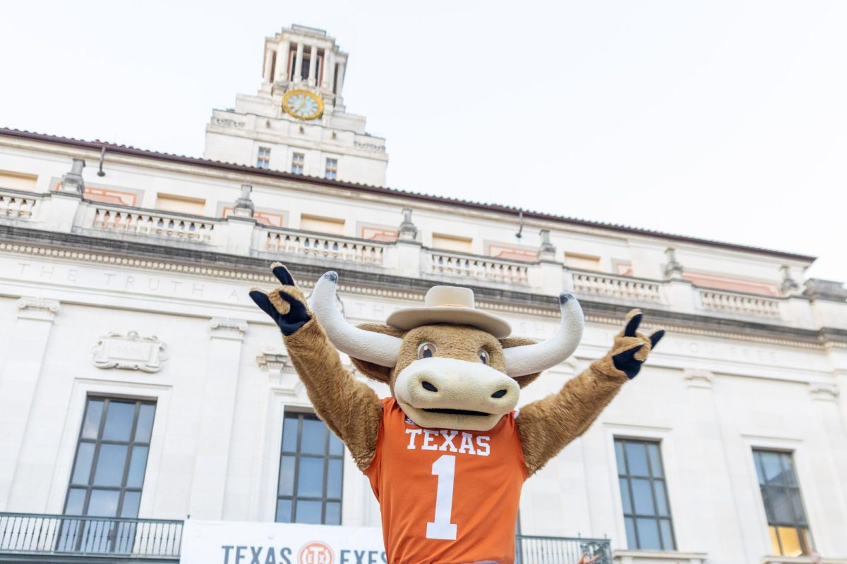 Hook Em riles up the crowd the Texas Fight Rally on Oct. 8.