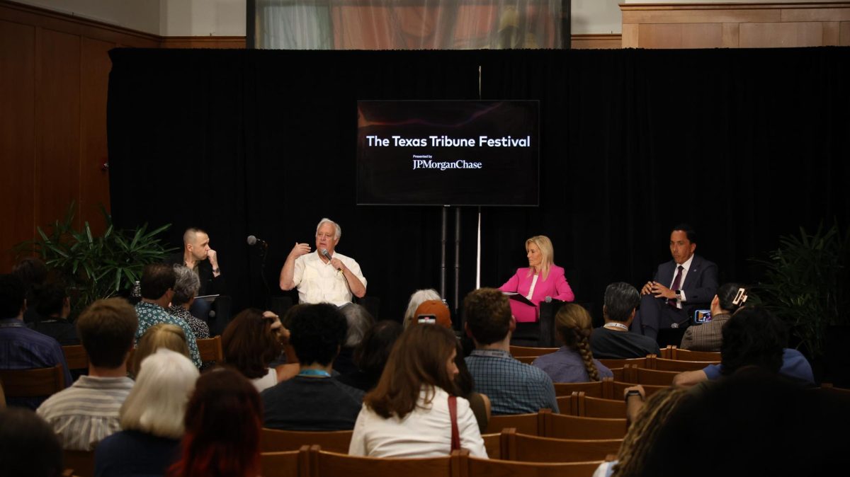 From left, moderator Steven Pedigo, director of UT's LBJ Urban Lab, Austin Mayor Kirk Watson, Jacksonville Mayor Donna Deegan and San Diego Mayor Todd Gloria sit for a panel about challenges in metropolitan areas at The Texas Tribune Festival Friday.