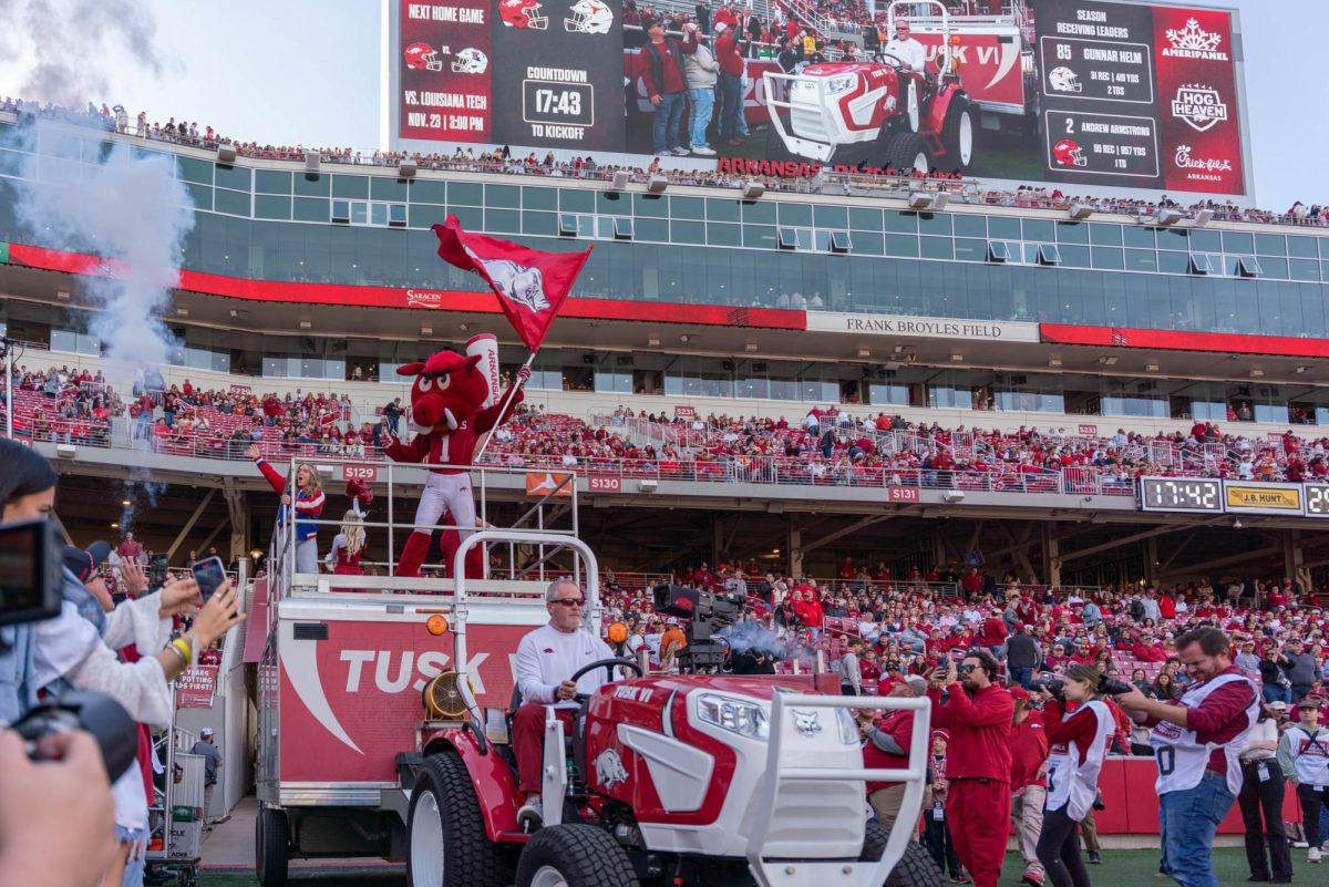 Arkansas mascot enter Razorback Stadium ahead on Texas' game against the Hogs on Nov. 16, 2024. 