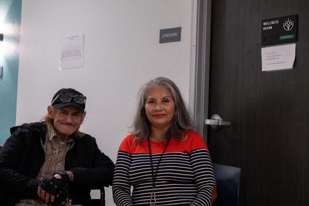 Bill Hamby and Annette Salazar pose for a portrait on Jan. 13 next to the UT Family Wellness Clinic located within Pecan Gardens Family Eldercare Community.