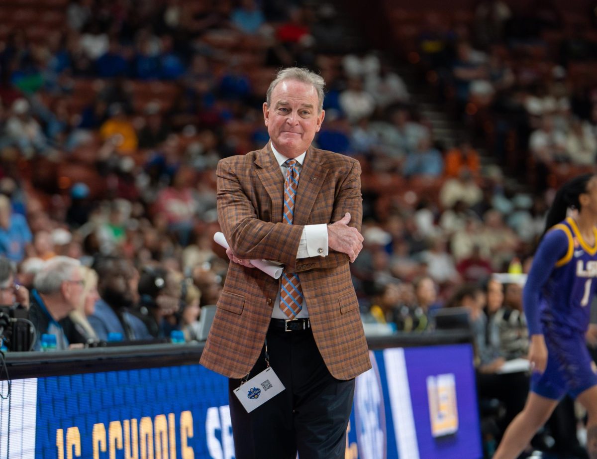 Longhorn Head Coach Vic Schaefer pleads with an official after a foul call against LSU on March 8, 2025. 
