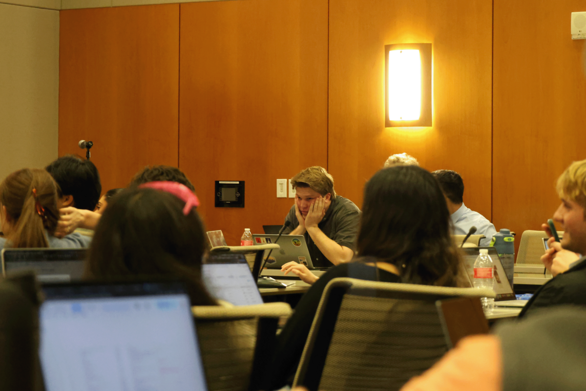 Student Government President Hudson Thomas sits at the Student Government Assembly meeting on Feb. 3. The Spring Appropriations legislation failed to pass due to representatives' concerns over what groups received funding.