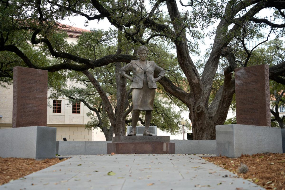 The statue of Barbara Jordan (Bruce Wolfe, 2009) stands at the intersection of 24th and Whitis at UT Austin on Feb. 10, 2026. Jordan, after her extensive and decorated career in politics, became a professor at the LBJ School of Public Affairs from 1979 to 1996.