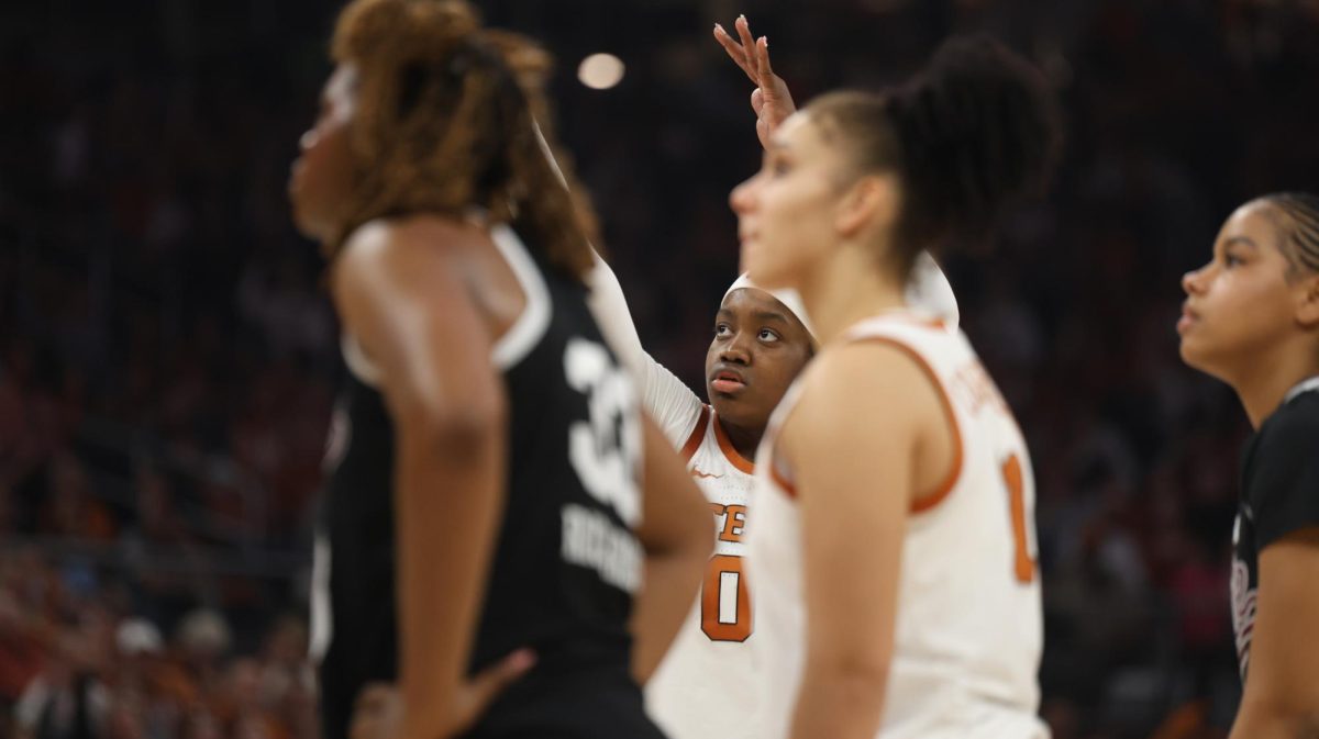 Senior center Kyla Oldacre shoots a free throw during Texas' game against Mississippi State at the Moody Center on Feb. 22, 2026.