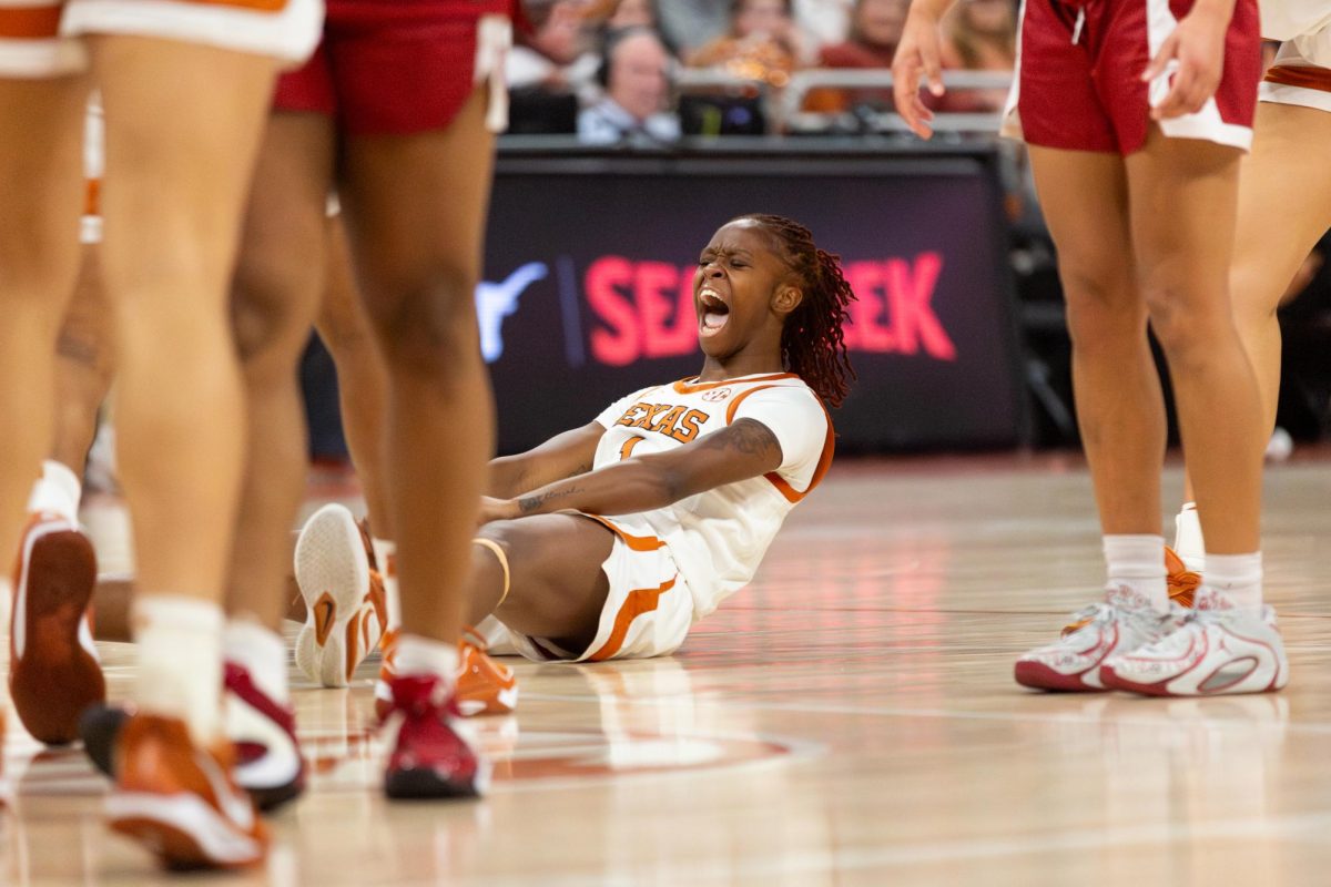 Sophomore Bryanna Preston yells after getting fouled during the Texas vs. OU game on Feb. 1.
