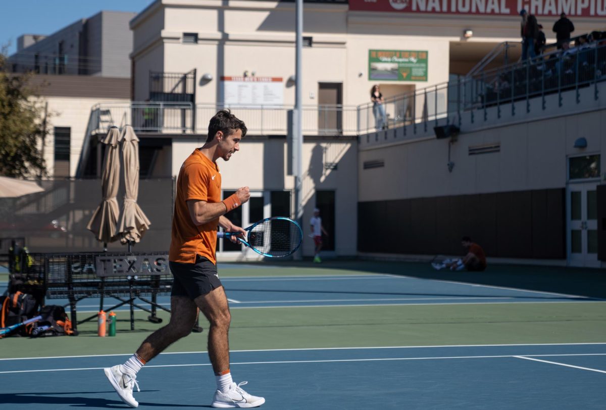 Freshman Timo Legout celebrates earning a point during the match against Ole Miss on Feb. 24, 2025.