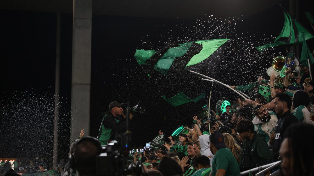 Austin FC defender Guilherme Biro throws his hands out in frustration during the Austin FC playoff match against LAFC at Q2 Stadium Sunday, Nov. 2, 2025.