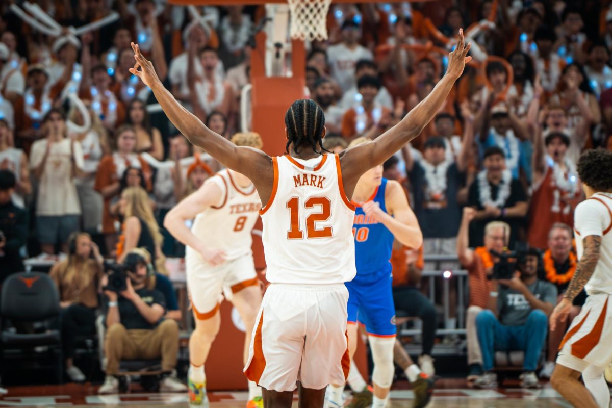 Graduate student guard Tramon Mark celebrates after hitting a three pointer in a game against Florida at the Moody Center on Feb. 25, 2026.