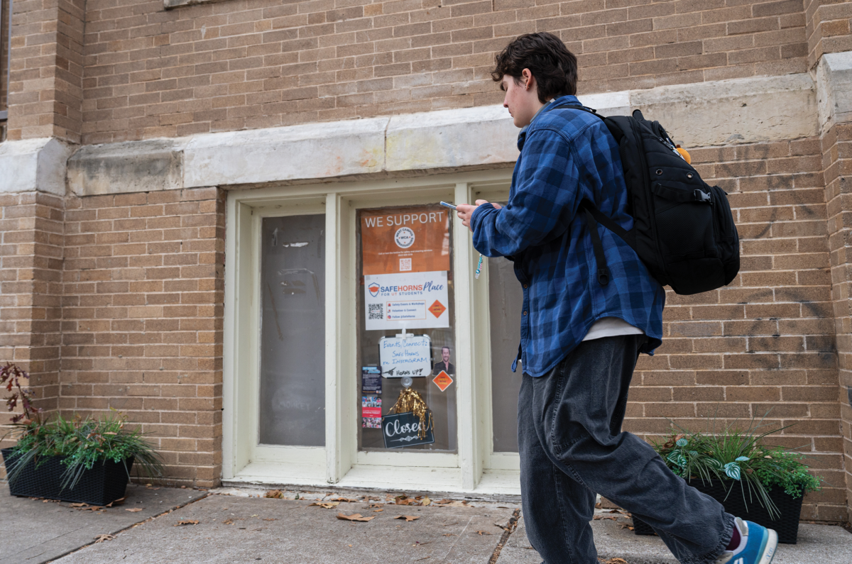 A student walks past the SafeHorns Place at the Congregational Church of Austin on Feb. 2.