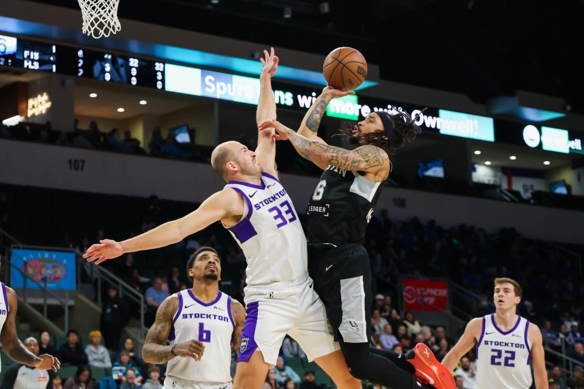 Guard Trey McGowens attempts to shoot the ball during an Austin Spurs vs. Stockton Kings game in H-E-B Center at Cedar Park on Jan. 29. 
