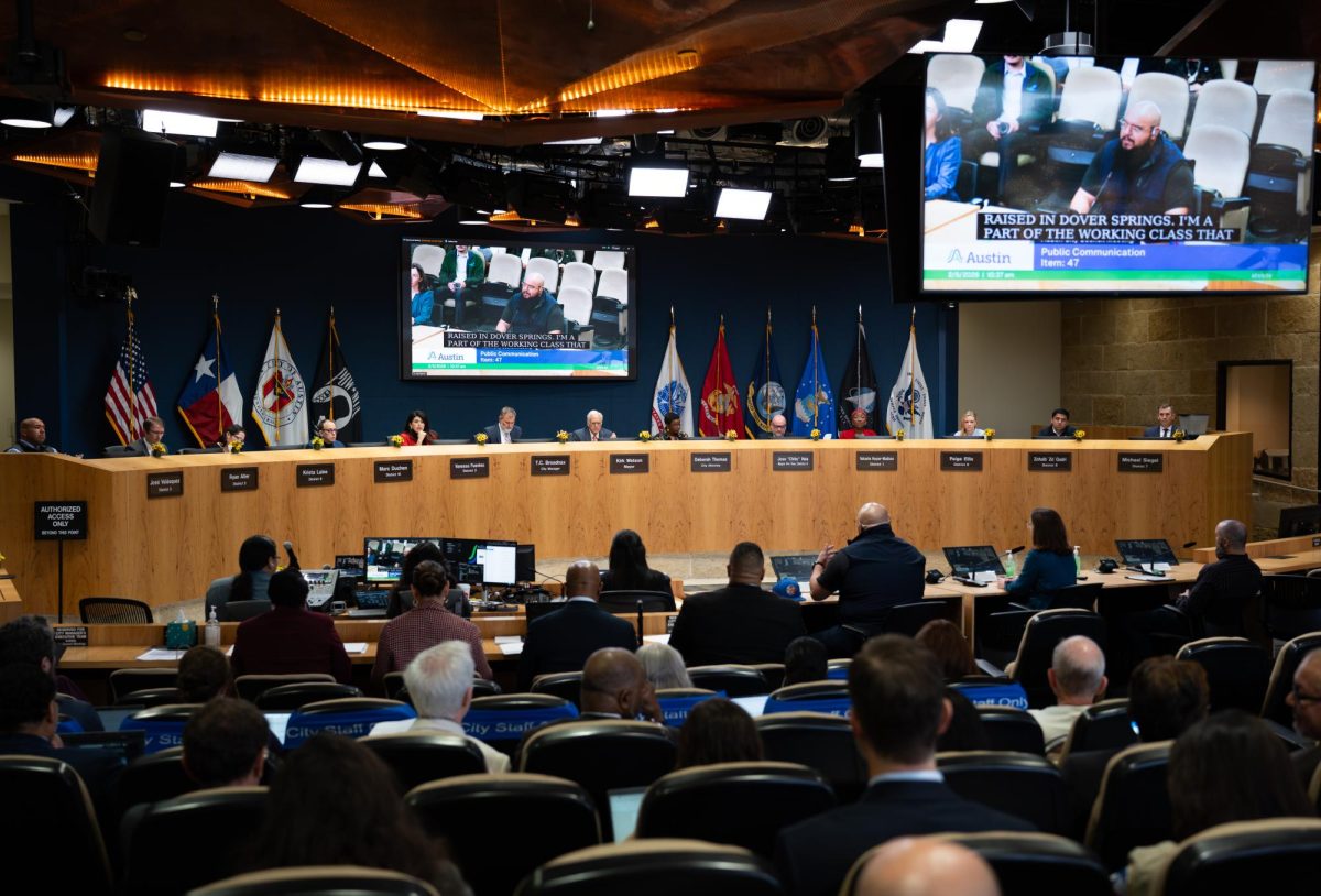 Austin City Council listens to a citizen advocate for a sustainable housing policy during public comment at the City Council Meeting in Austin City Hall on Feb. 5.
