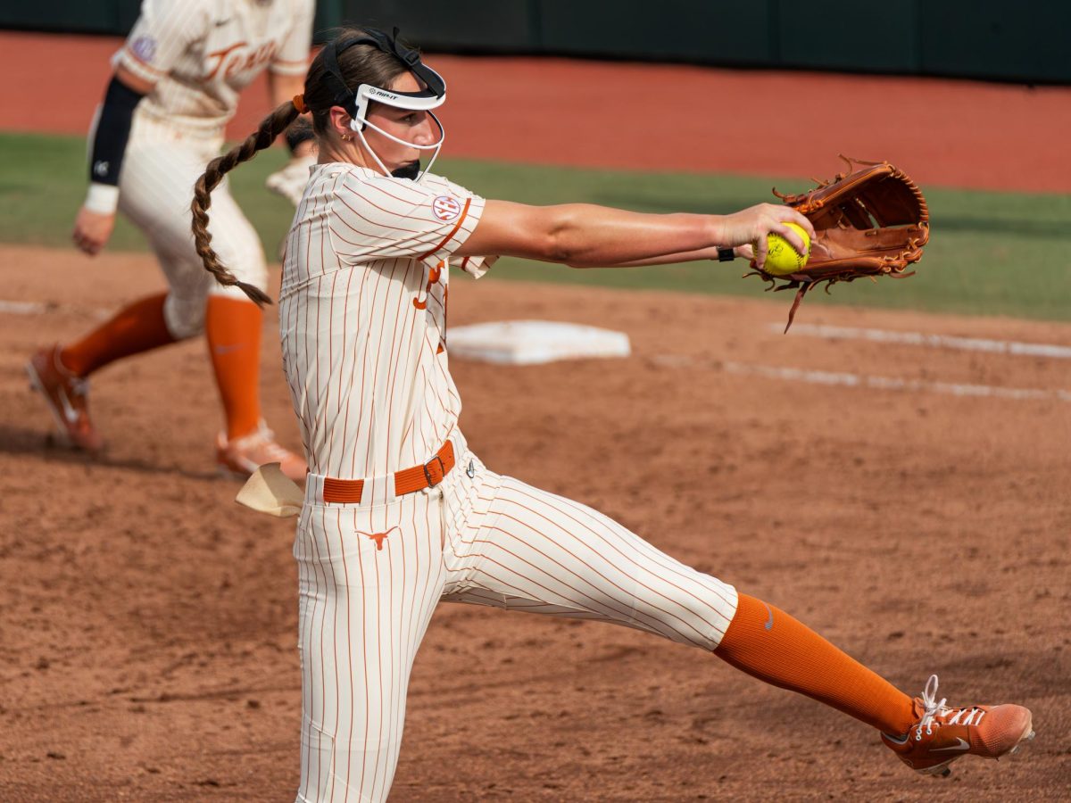 Right-handed pitcher Teagan Kavan pitches the ball at Texas' game against Louisiana State University on April 17, 2025.