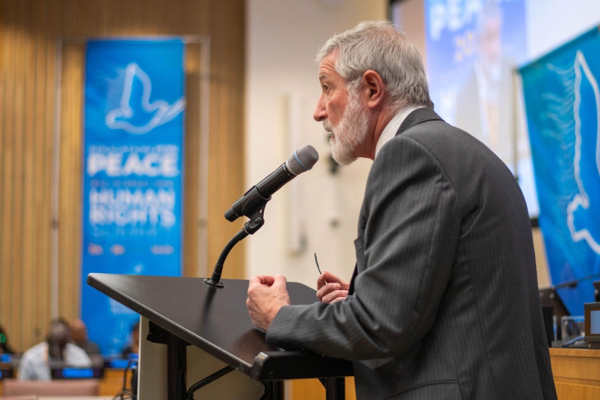 Nobel Peace Prize winner Ira Helfand addresses the United Nations Human Rights Summit in 2025. Helfand, a nuclear war expert, will speak at the SXSW Education Conference and the UT Law School on Wednesday.
