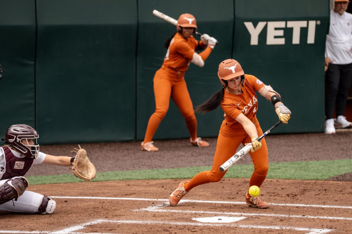 Senior infielder Leighann Goode bunts the ball during a 3-2 home win against Texas A&M on Mar. 28, 2026.
