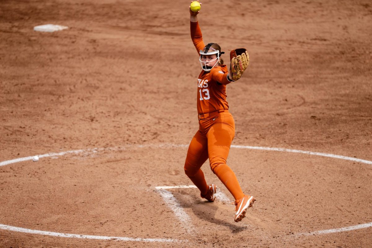 Freshman right-handed pitcher Hannah Wells pitches a ball during a 3-2 home win against Texas A&M on Mar. 28, 2026.