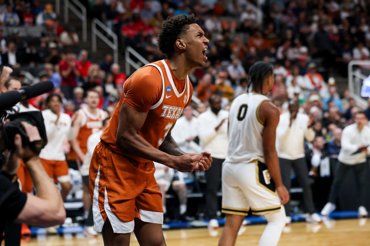 Guard Dailyn Swan celebrates a basket at the Texas vs. Purdue Sweet 16 game at the SAP Center in San Jose, California, on March 26.