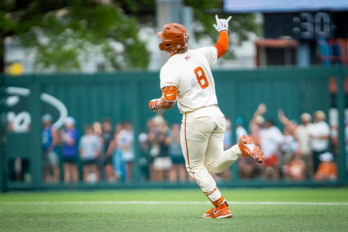 Junior Carson Tinney celebrates after hitting a home run in a game against Oklahoma at UFCU Disch-Falk Field on March 28, 2026.
