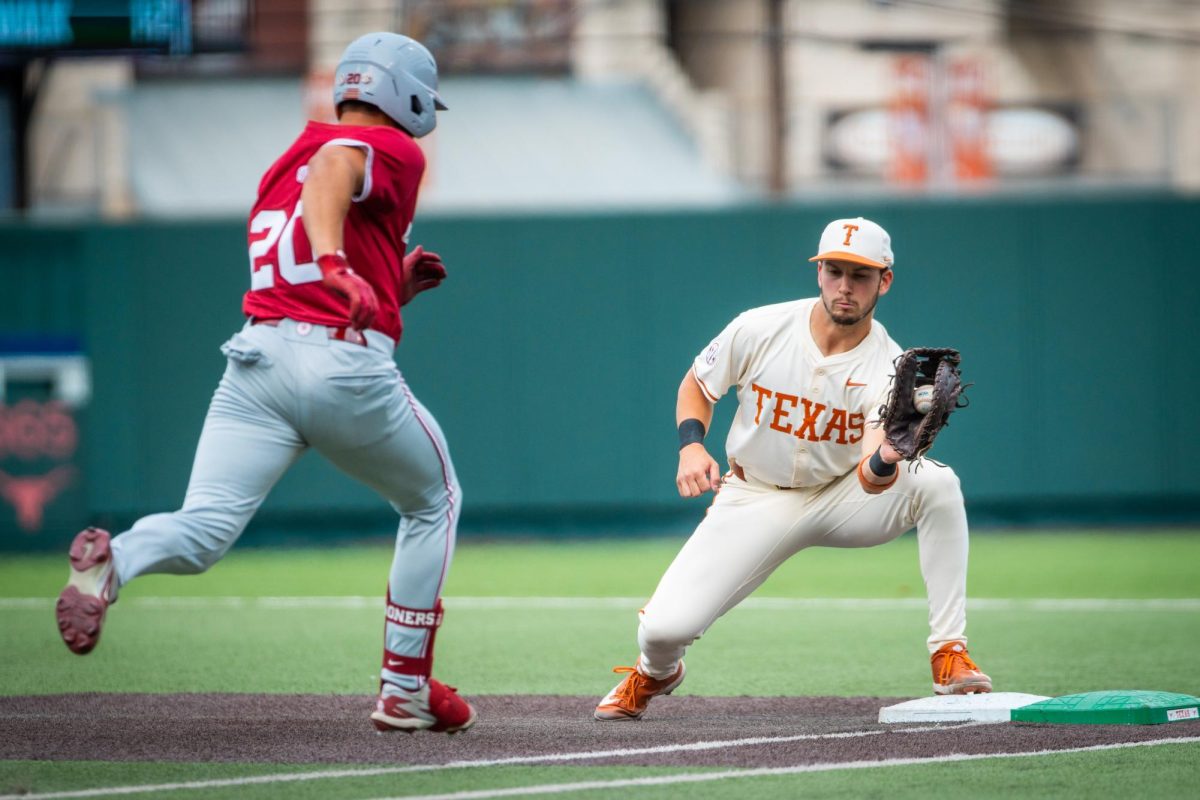 Junior first baseman Casey Borba secures an out in a game against Oklahoma at UFCU Disch-Falk Field on March 28, 2026.