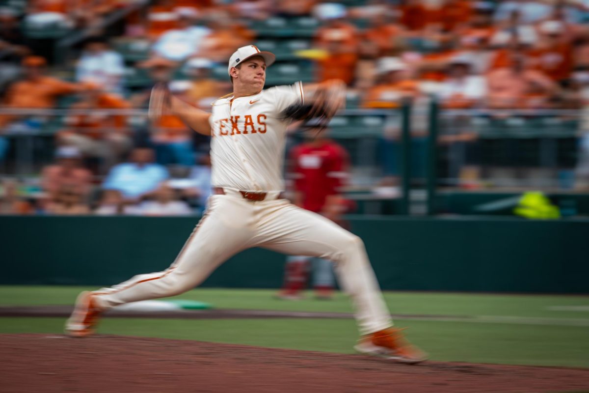 Freshman pitcher Brett Crossland winds up for a pitch  in a game against Oklahoma at UFCU Disch-Falk Field on March 28, 2026.
