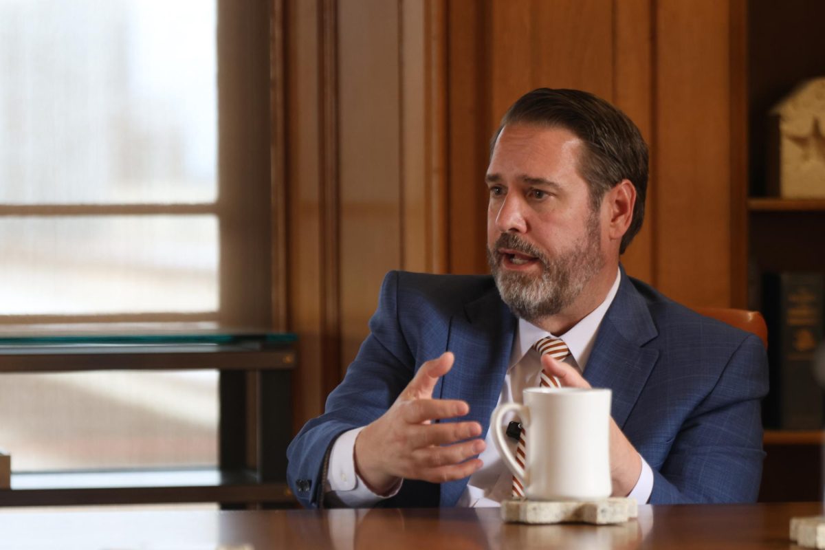 UT President Jim Davis talks with Daily Texan News Editor Maryam Ahmed in the his office during the first sit-down interview of his tenure.