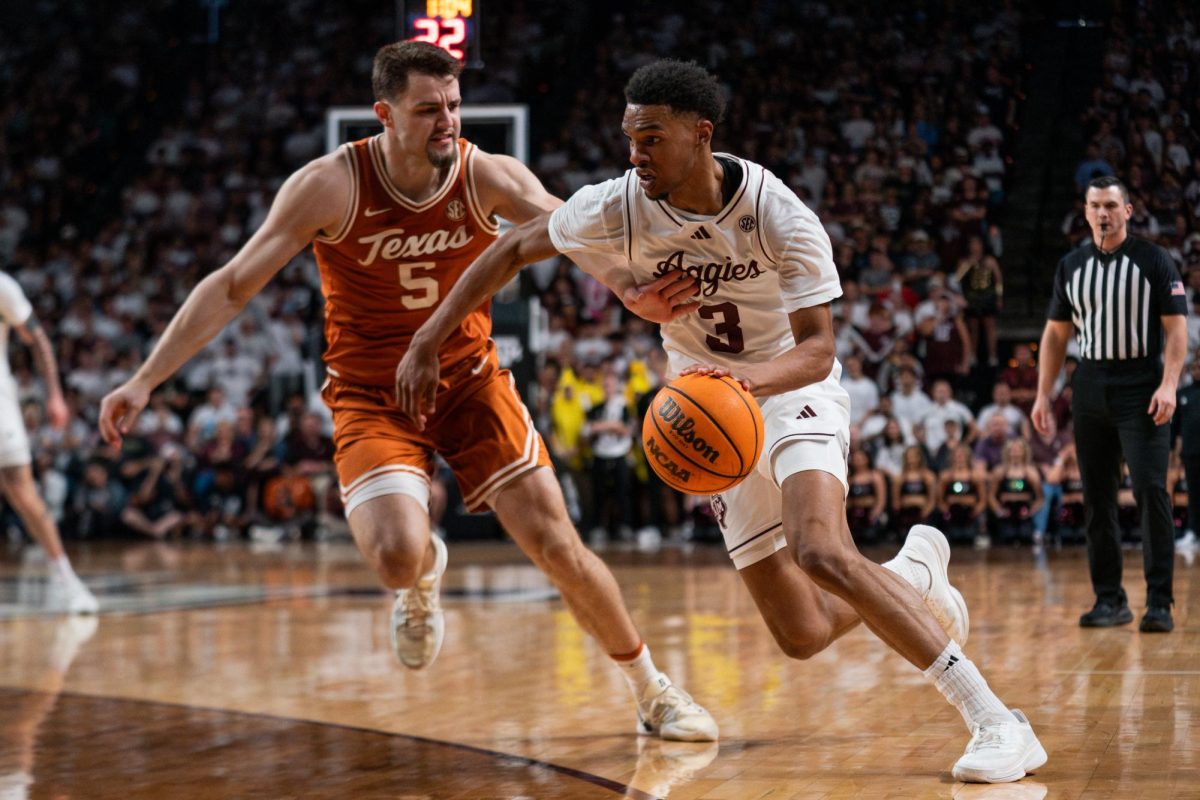 Texas forward Camden Heide guards Texas A&M guard Rylan Griffen during a game in College Station on Saturday, Feb. 28.