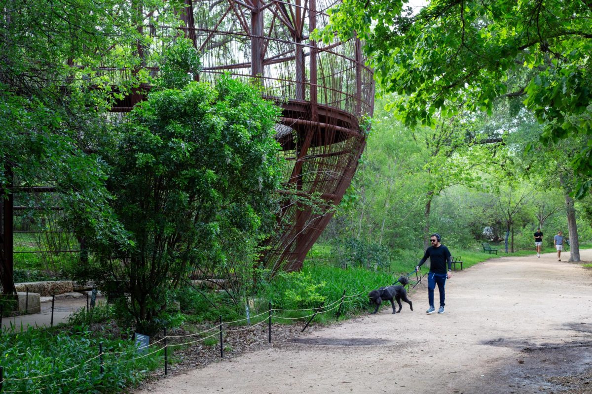 A person walks their dog at Pease Park on Monday, April 13.