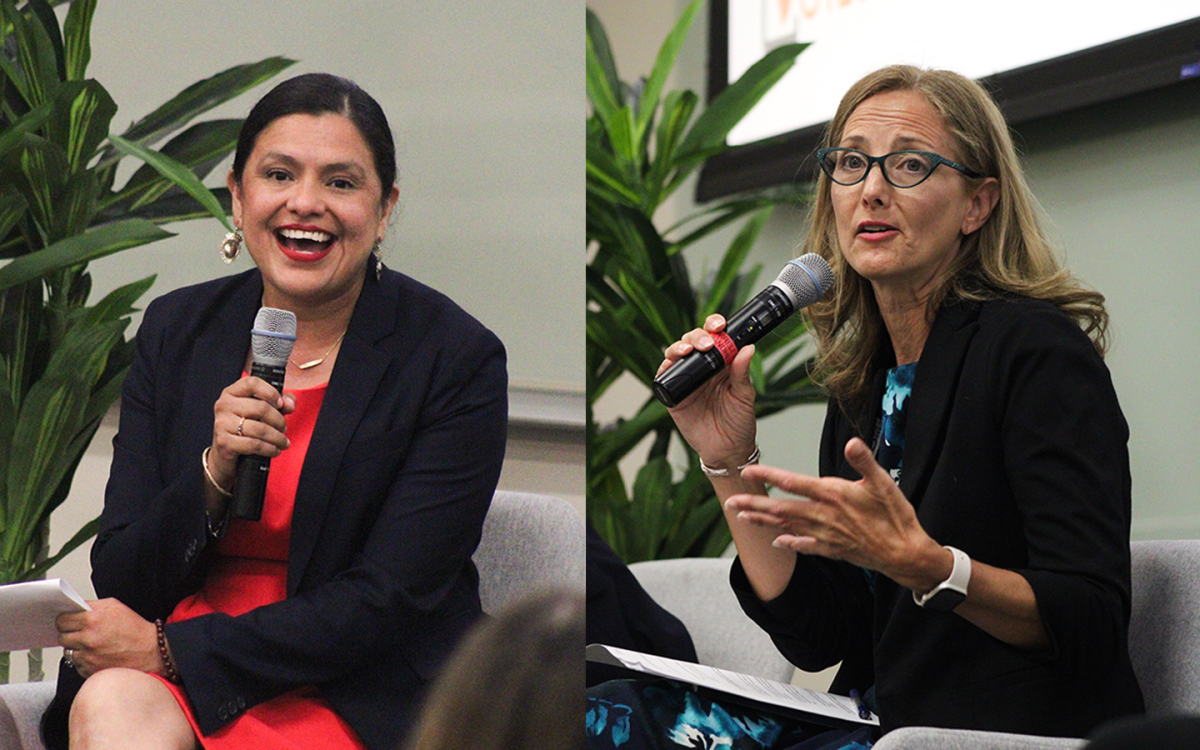 Montserrat Garibay, left, and Kathie Tovo, runoff candidates for Texas House District 49, speak at a TX Votes public forum event on April 16. 
