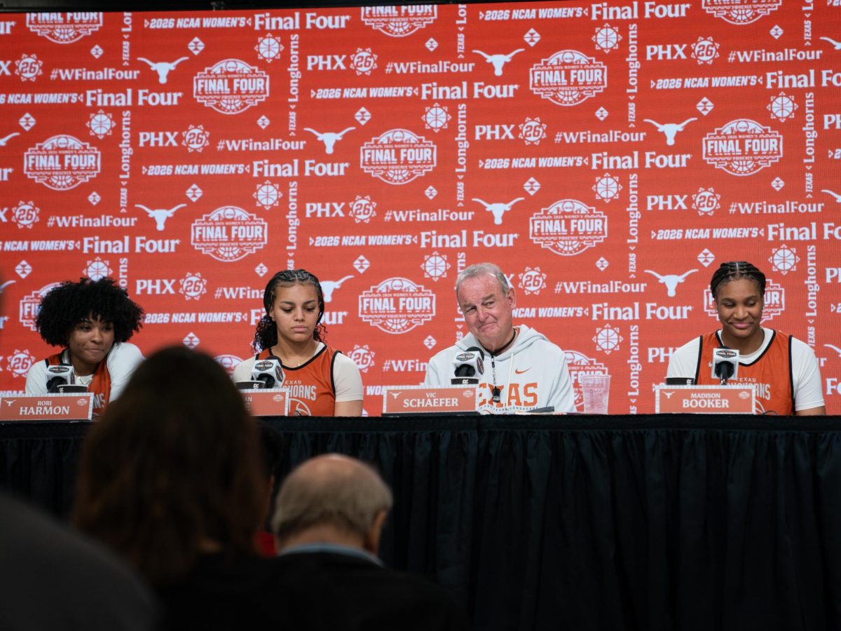 Rori Harmon, Jordan Lee, Vic Schaefer and Madison Booker answer questions during the final four media availability in Phoenix, Arizona on April 2.