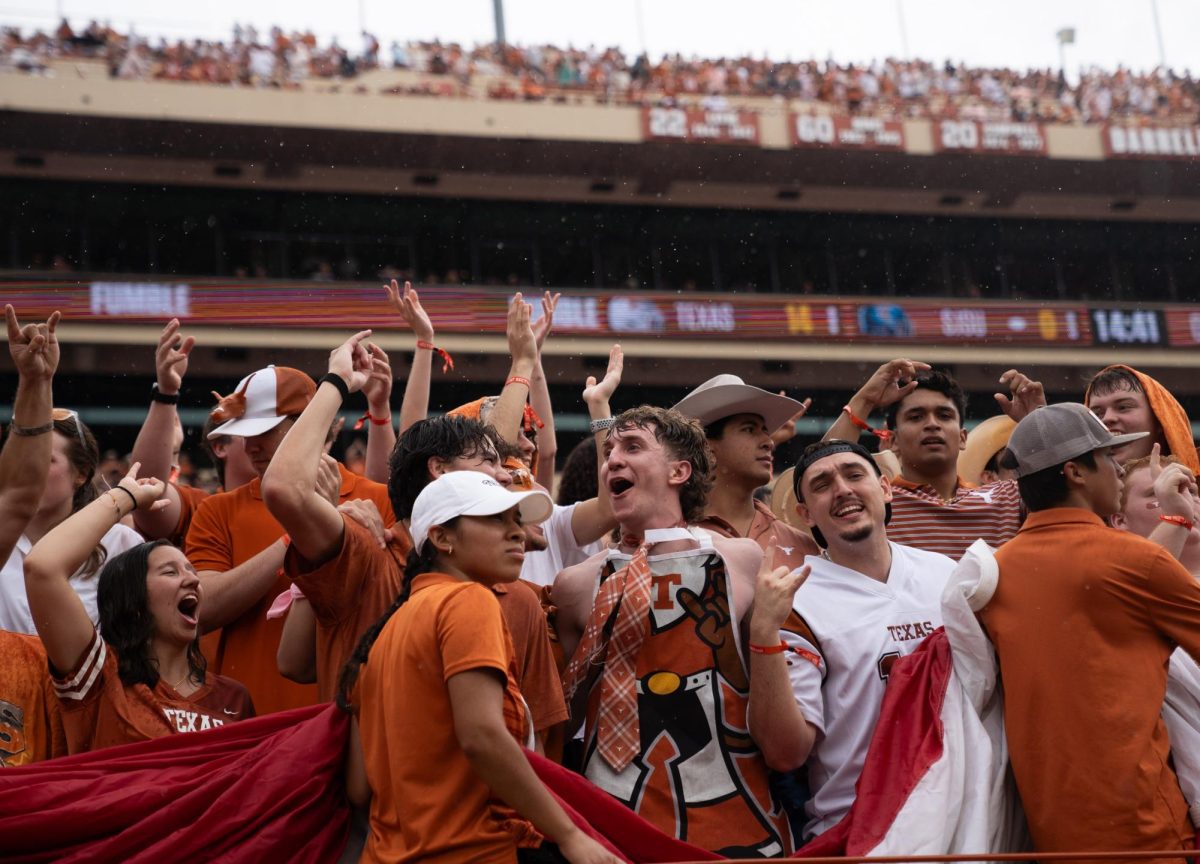 The Longhorn student section celebrates a touchdown against San Jose State on Sept. 6, 2025. 