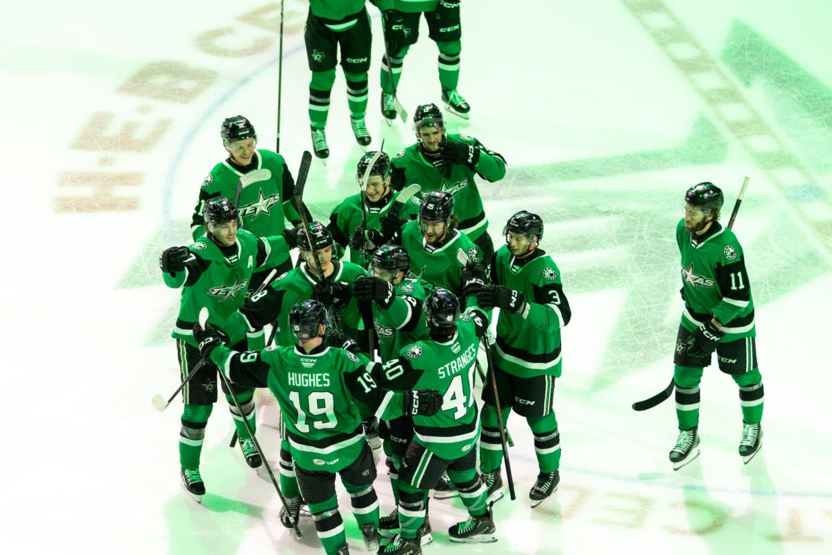 The Texas Stars celebrate the last goal of the game in overtime, securing their win over Henderson Silver Knights at H-E-B Center in Cedar Park on Jan. 30, 2026.
