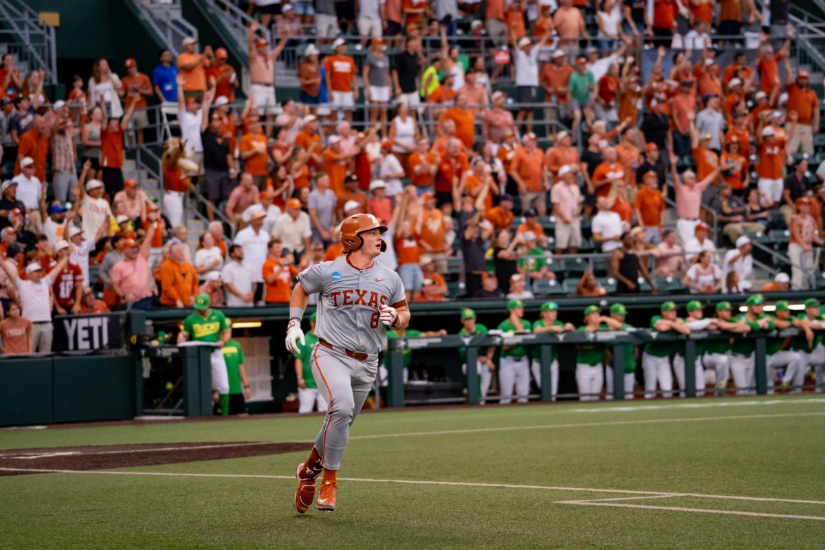 Junior catcher Carson Tinney starts his run as he hit the second home run of the game in the team's first two at bats of Game 2 of the Austin Super Regional against Oregon on Sunday, June 7 at UFCU Disch-Falk Field.