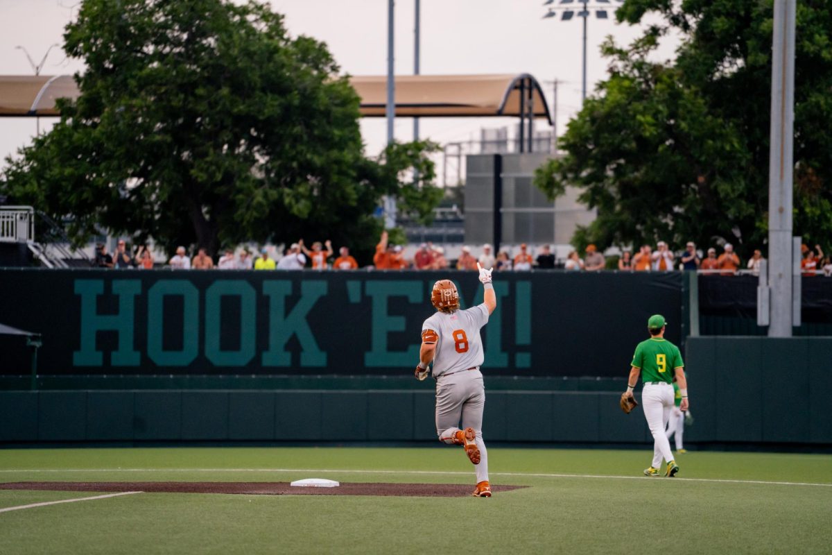 Junior catcher Carson Tinney runs the bases as he hit the second home run of the game in the team's first two at bats of Game 2 of the Austin Super Regional against Oregon on Sunday, June 7 at UFCU Disch-Falk Field.