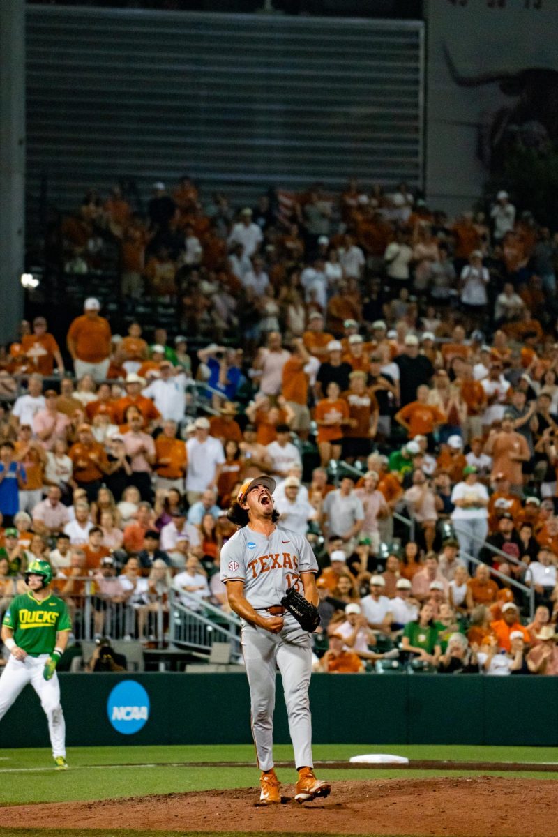 Senior pitcher Ruger Riojas celebrates after an inning-ending strikeout during Game 2 of the Austin Super Regional against Oregon on Sunday, June 7 at UFCU Disch-Falk Field.