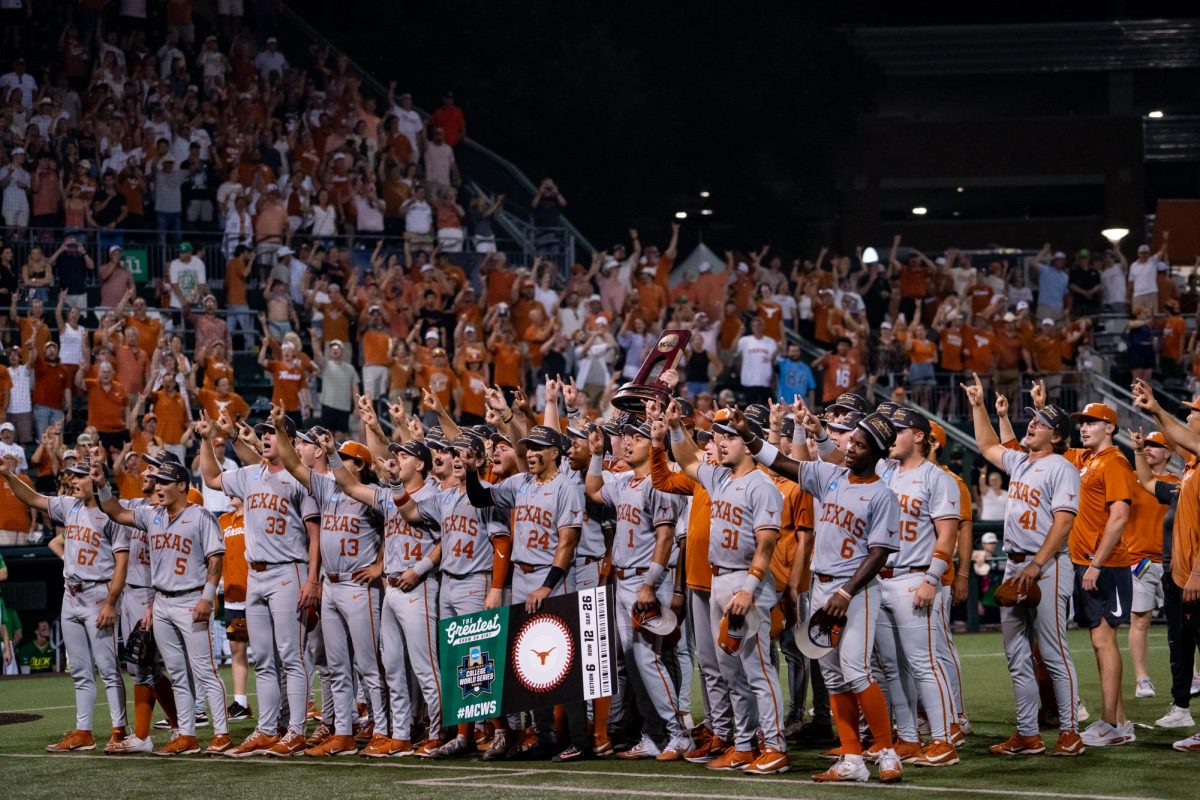 The Texas baseball team sing 'The Eyes of Texas' following the Austin Super Regional win on Sunday, June 7 at UFCU Disch-Falk Field.
